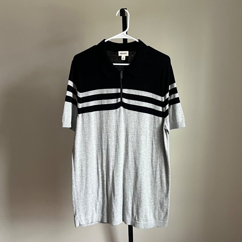 Open Edit Front Zip Knit Short Sleeve Polo in Grey / Black Size L
